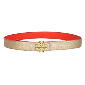TORY BURCH Logo Reversible Pebble Grained Leather Red and Gold 1” Belt